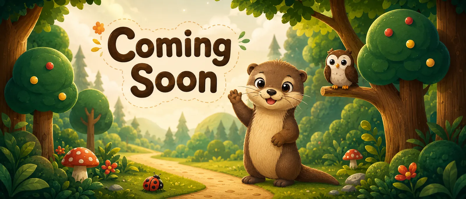 Aroo the otter waving on a sunny forest path, with an owl and a ladybug nearby - coming soon